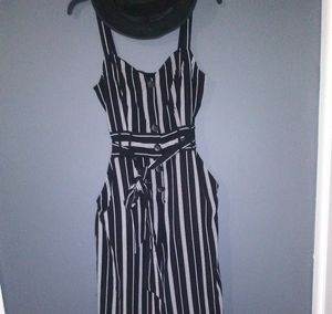 Striped Black & White Sleeveless Jumpsuit with Waist Tie